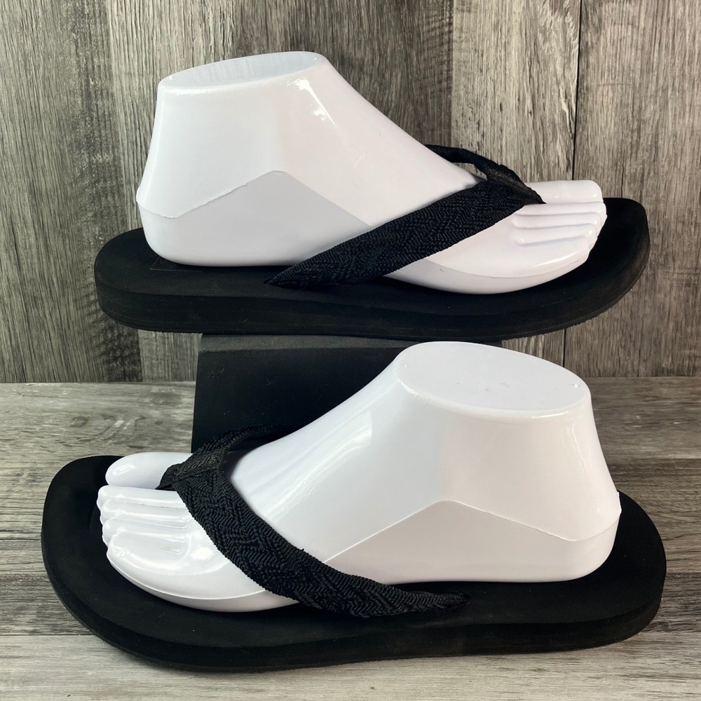 Reef Sandy Black Platform Flip Flops Woven Strap Sandals Womens Size 9